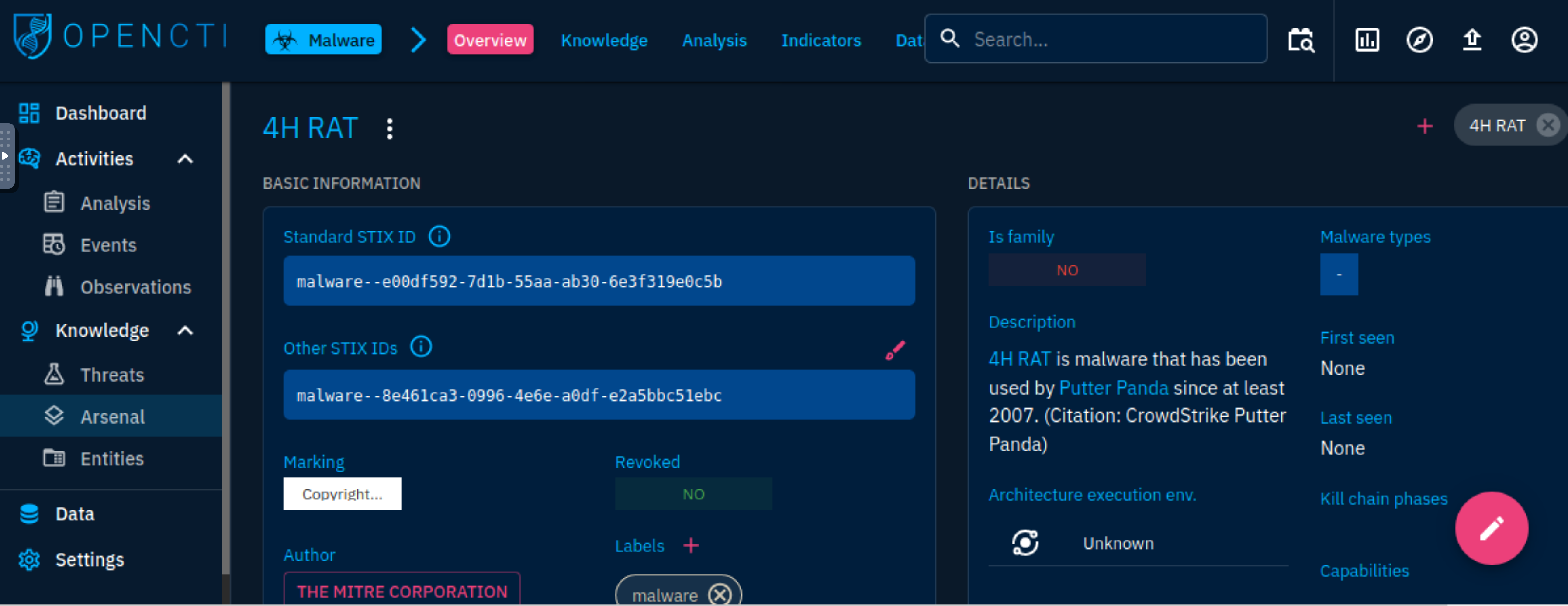 OpenCTI arsenal 4H RAT
