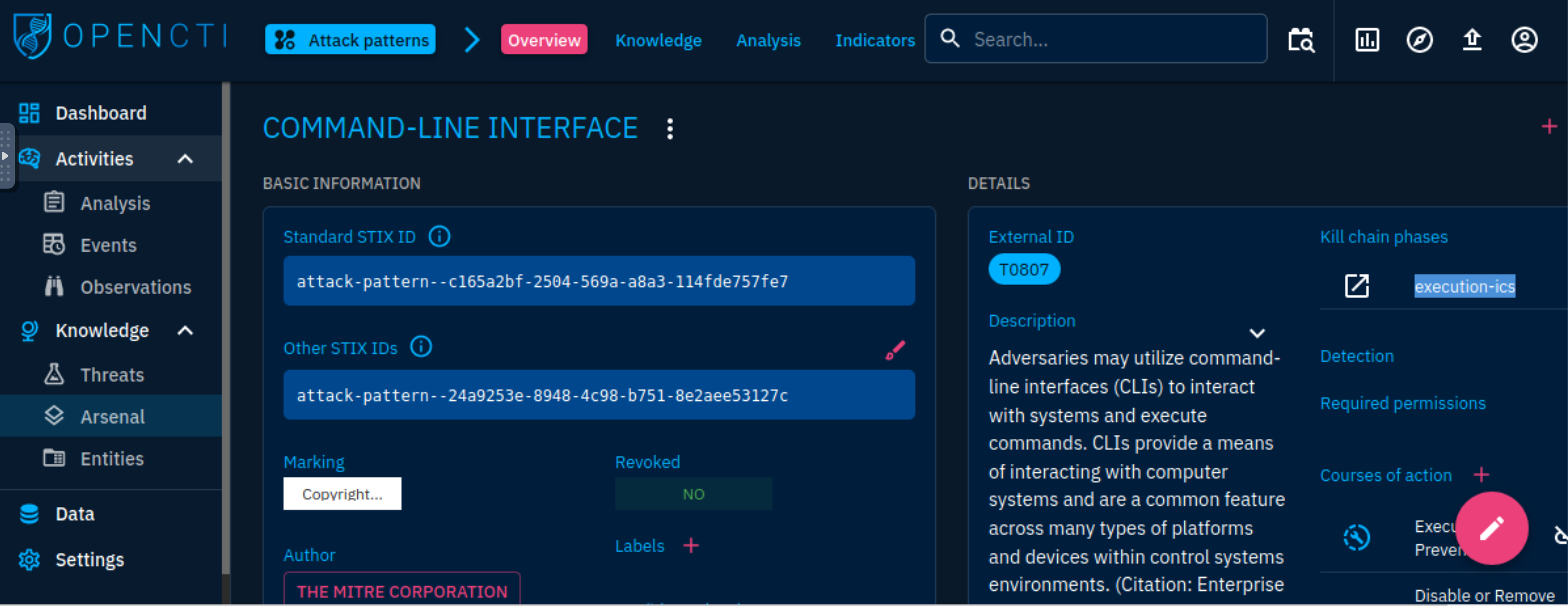 OpenCTI arsenal attack pattern Command-Line Interface